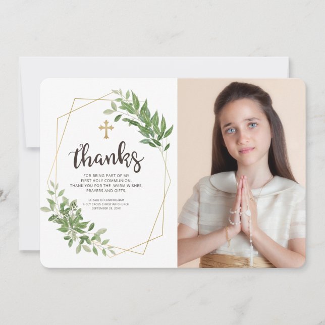 Geometric Foliage Cross Photo Communion Thank You Card (Front)