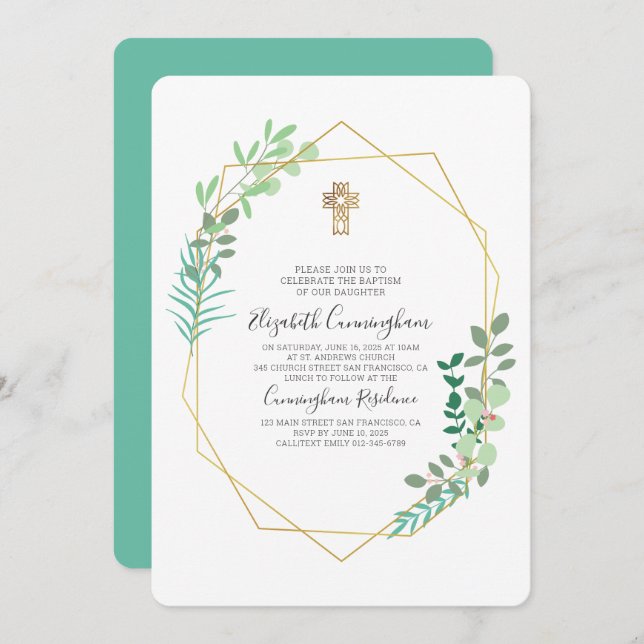 Geometric Foliage Gold Cross Baptism Invitation (Front/Back)