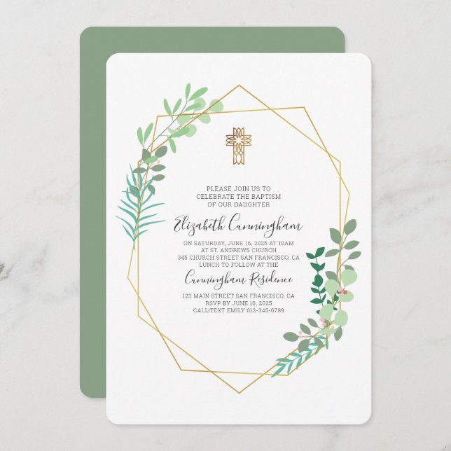 Geometric Foliage Gold Cross Baptism Invitation (Front/Back)