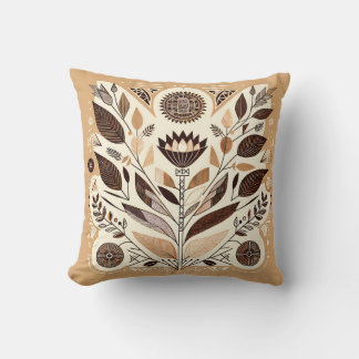 Geometric Folk Art Throw Pillow | Beige & Brown Sy