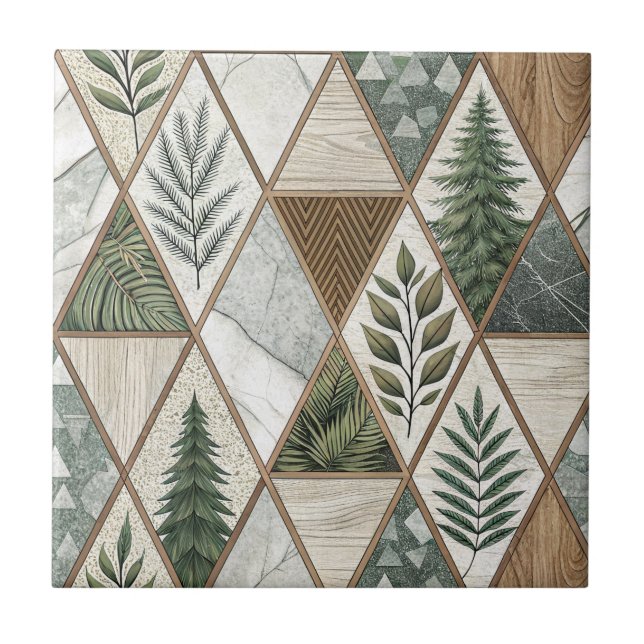 Geometric Forest Pine & Marble Leaf Tile Pattern (Front)