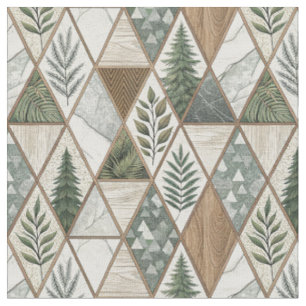 Geometric Forest Pine & Marble Leaf Tile Pattern Fabric