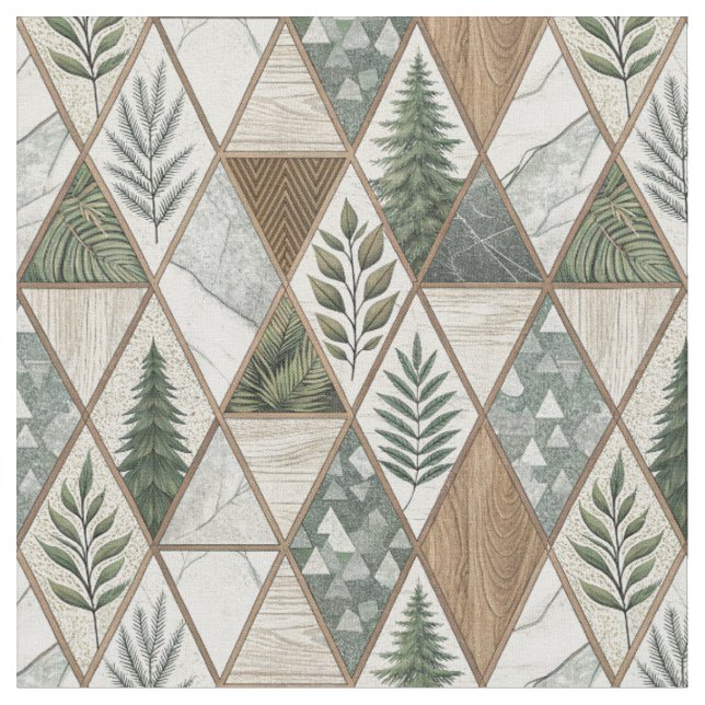 Geometric Forest Pine & Marble Leaf Tile Pattern Fabric (Close Up)