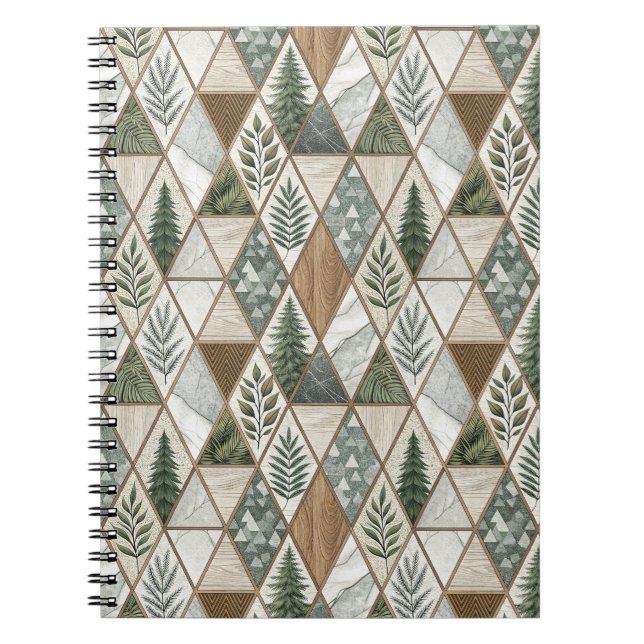 Geometric Forest Pine & Marble Leaf Tile Pattern Notebook (Front)