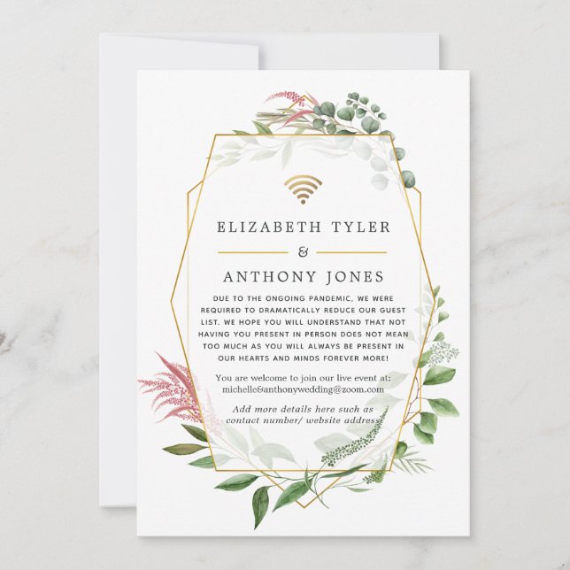 Geometric Forest Virtual Reduced Wedding Guests Announcement (Front)