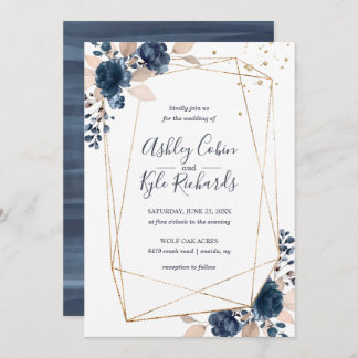 Geometric frame and flowers in navy, gold, blush invitation