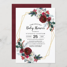 Geometric Frame Burgundy Flowers Baby Shower