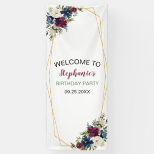 Geometric Frame Burgundy Navy Flowers Birthday Banner