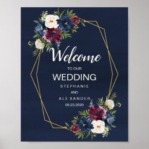 Geometric Frame Burgundy Navy Flowers Wedding Poster
