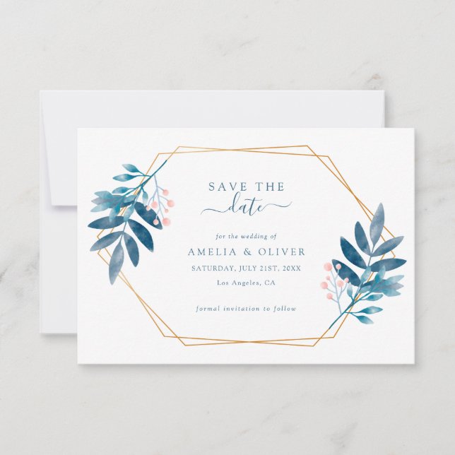 Geometric Frame Dusty Blue Greenery Wedding Save The Date (Front)