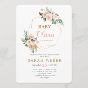 Geometric frame floral baby girl shower invitation