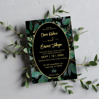 Geometric Frame green and gold leaves Black Invitation