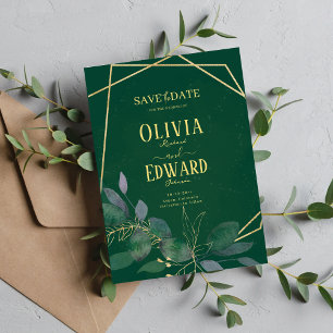 Geometric frame green and gold leaves save the date