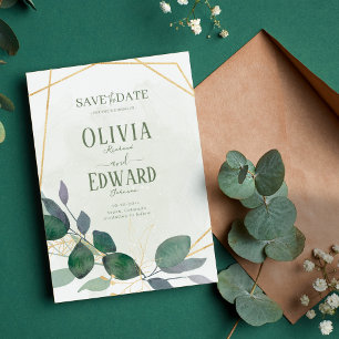 Geometric frame green and gold leaves save the date