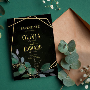 Geometric frame green and gold leaves save the date