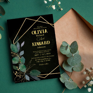 Geometric frame green and gold leaves wedding invitation