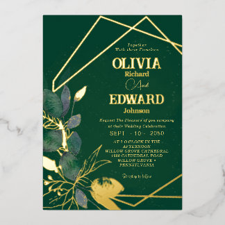 Geometric frame green leave and gold Foil Wedding