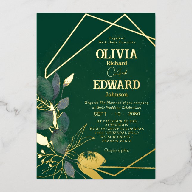Geometric frame green leave and gold Foil Wedding  (Front)