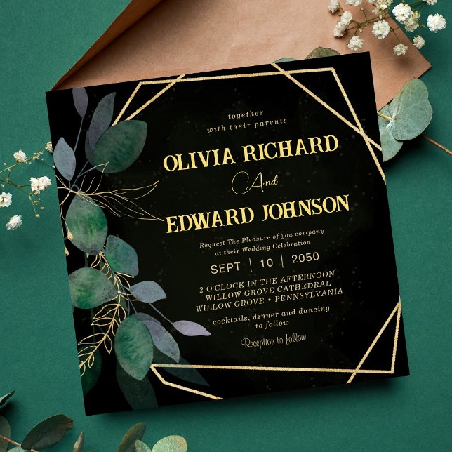 Geometric frame green leaves Gold and Blak Square Invitation (Creator Uploaded)