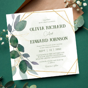 Geometric frame leaves Square wedding  Invitation