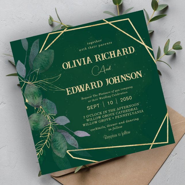 Geometric frame leaves Square wedding  Invitation (Creator Uploaded)
