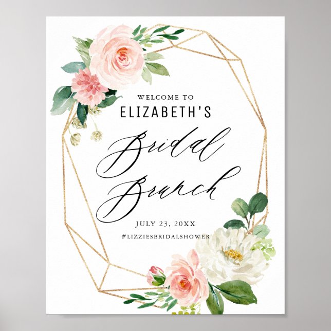 Geometric Frame Pink Floral Bridal Brunch Welcome Poster (Front)
