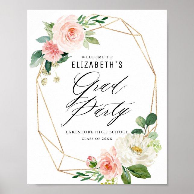 Geometric Frame Pink Floral Graduation Welcome Poster (Front)