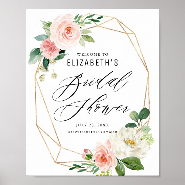 Geometric Frame Pink Florals Bridal Shower Welcome Poster (Front)