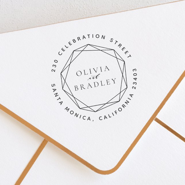 Geometric Frame & Round Return Address Wedding Self-inking Stamp (Rubber Stamp Mock-up)