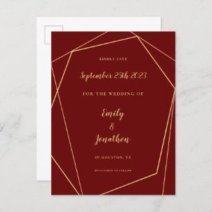 Geometric Frame Script Burgundy Gold Wedding Save  Announcement Postcard