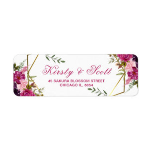 Geometric Frame & Watercolor Floral Wedding Return Address Label