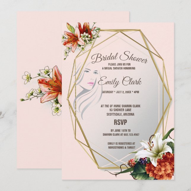 Geometric Frame with Tropical Lilies Bridal Shower Invitation (Front/Back)