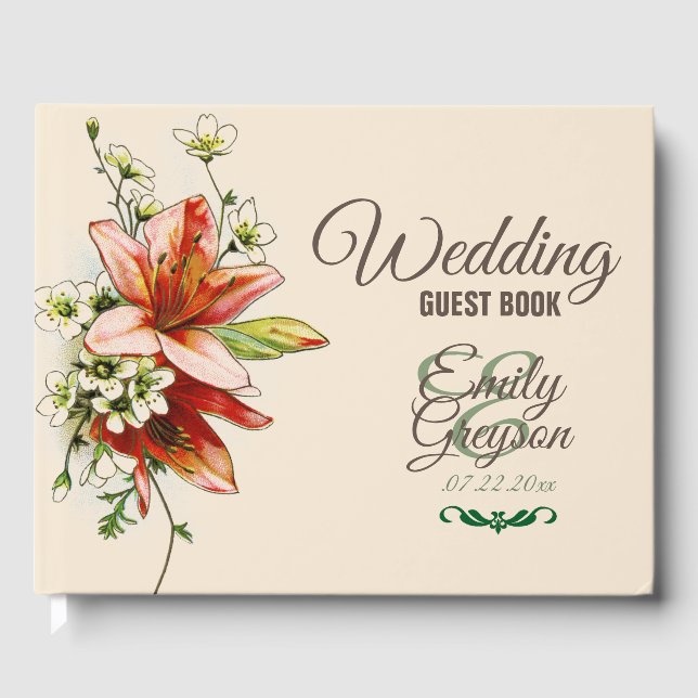 Geometric Frame with Tropical Lilies Wedding Guest Book (Front)