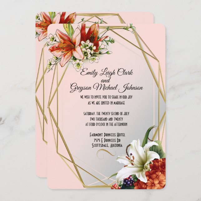 Geometric Frame with Tropical Lilies Wedding Invitation (Front/Back)