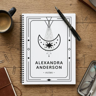 Geometric Framed Celestial Crescent Moon White Notebook