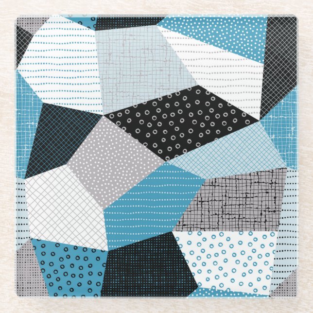 Geometric Freehand Drawing Patchwork Tiles Glass Coaster (Front)