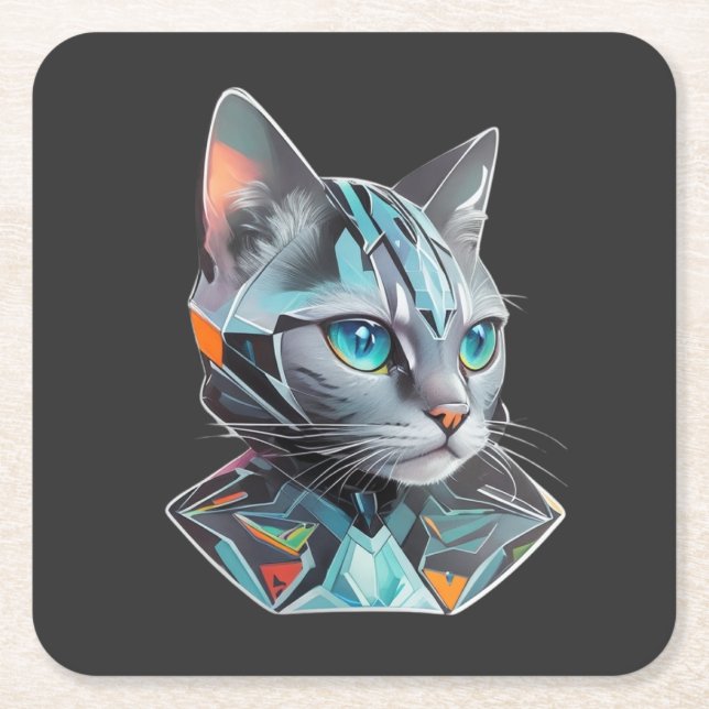 Geometric Futuristic Cat Design Square Paper Coaster (Front)