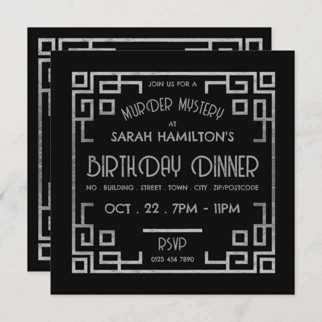 Geometric Gatsby Style, Murder Mystery Birthday Invitation (Front/Back)