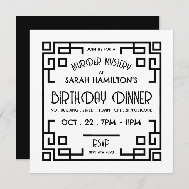 Geometric Gatsby Style, Murder Mystery Birthday Invitation (Front/Back)