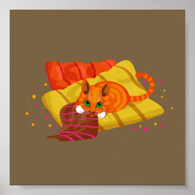 Geometric ginger cat relaxed on cushion poster (Front)