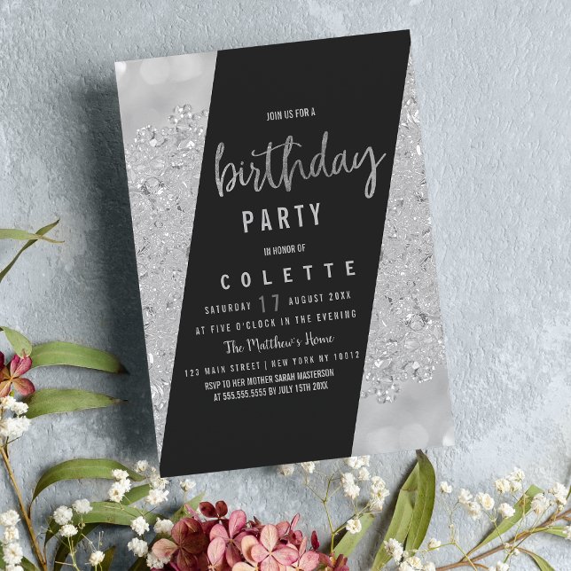 Geometric glam black silver glitter Birthday Party Invitation (Geometric glam black silver glitter Birthday Party)