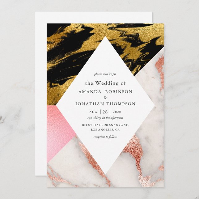 Geometric Glam Faux Glitter Marble Wedding Invitation (Front/Back)