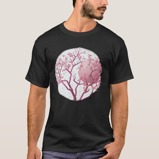 Geometric Globe with cherry blossom tree of life S T-Shirt (Front)