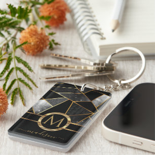 Geometric Gold and Black Key Ring