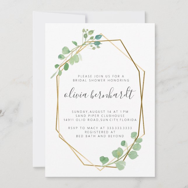 Geometric Gold and Eucalyptus Border Invitation (Front)