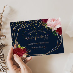 Geometric Gold and Red Tropical Maid of Honour Invitation Postcard