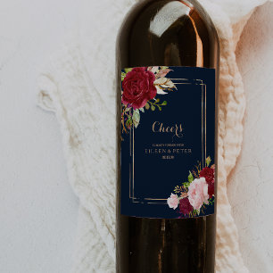 Geometric Gold and Red Tropical Wedding Wine Label