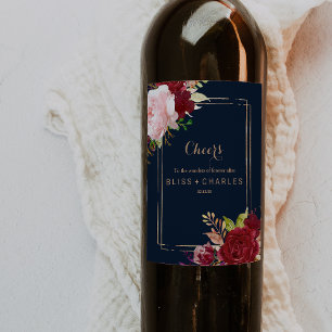 Geometric Gold and Red Tropical Wedding Wine Label