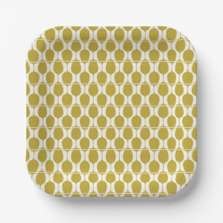 Geometric Gold and White Wine Glass Paper Plate