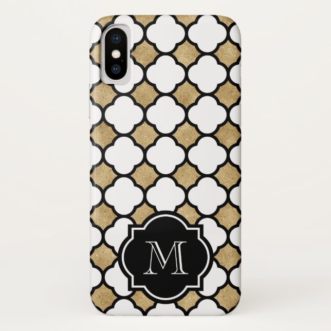 Geometric Gold Black White Quatrefoil Monogram Case-Mate iPhone Case (Back)
